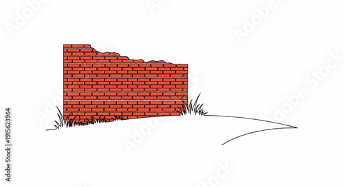 Partially ruined brick wall against white space with grass