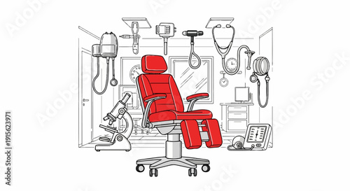Medical examination room with red chair, microscope, and equipment