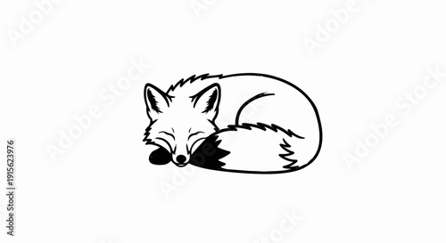 Minimalist illustration of a sleeping fox curled up in a white background