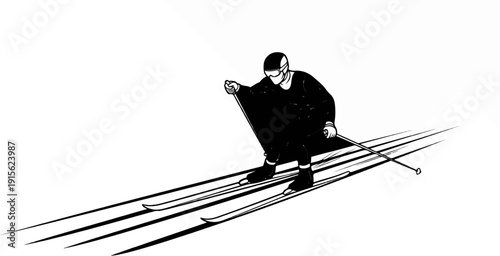 Minimalist illustration of a skier racing downhill with speed lines