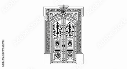 Ornate double doors with decorative metalwork and carved details