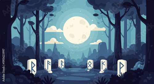 Moonlit forest clearing with ancient rune stones under full moon