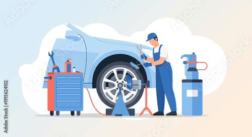 Mechanic repairing a car wheel with tools and equipment