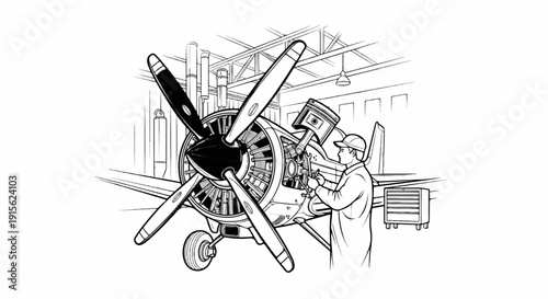 Mechanic inspects aircraft engine in a workshop