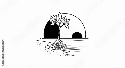 Minimalist line art depicts a mangrove tree with exposed roots on a shore