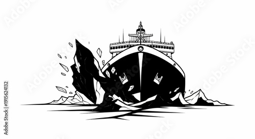 Massive ship sailing through hazardous icy waters, breaking chunks