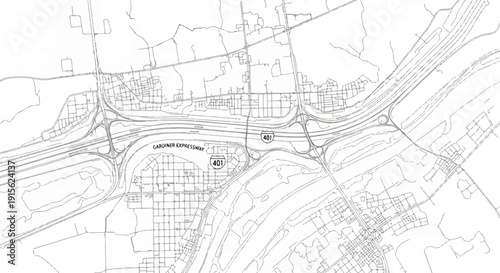 Map showing a major highway interchange with surrounding urban and natural features