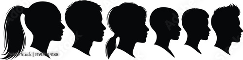 Human profile silhouettes in a row representing diverse men and women faces, social identity concept, anonymous people side view isolated on white background