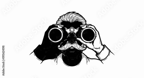 Man with mustache and binoculars, black and white illustration