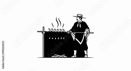 Man in traditional attire cooks meat over an open fire