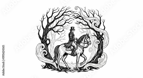 Man in top hat rides horse through gnarled, stylized trees