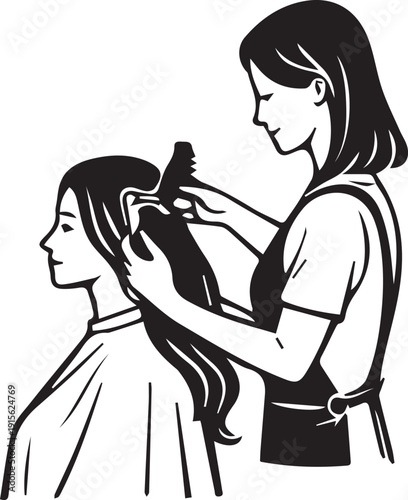 Hair Stylist Working on Client Hair Black and White Icon