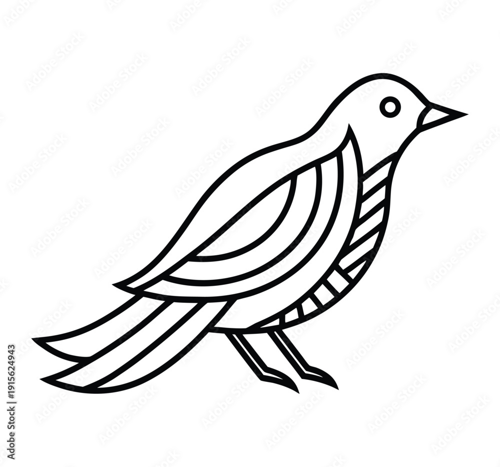 Obraz premium A minimalist line drawing depicts a small bird with curved lines forming its feathers and body