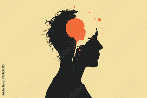 Profile silhouette of head containing inner child face with  paint splatter flowing out, symbolizing trauma, inner voice, childhood memories therapy