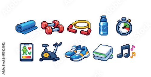 Fitness and gym equipment pixel icon set. Sports, health tools in pixelated style