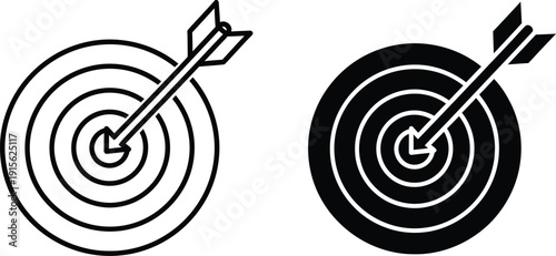 Black and White Arrow Hitting Bullseye, Target Goal Achieved, Graphics Outline Icons