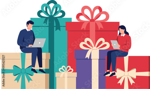 People using laptops sitting on gift boxes, online shopping holiday sale concept flat vector illustration for ecommerce promotion