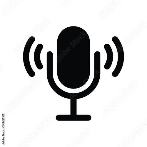 Simple black silhouette of a vintage style microphone with sound waves