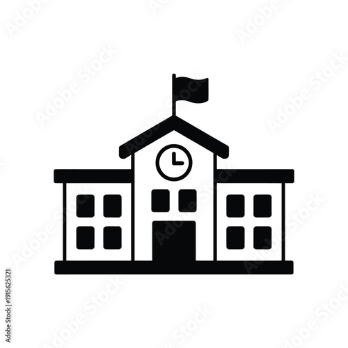 Simple black and white illustration of a school building with a clock tower
