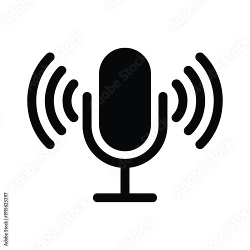 Simple black silhouette of a vintage style microphone with sound waves