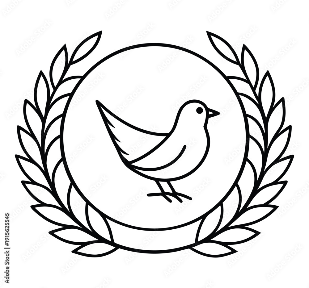 Fototapeta premium A simple black and white line drawing of a bird within a circular laurel wreath design