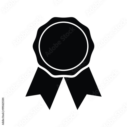 Simple black and white illustration of a ribbon award or badge symbol