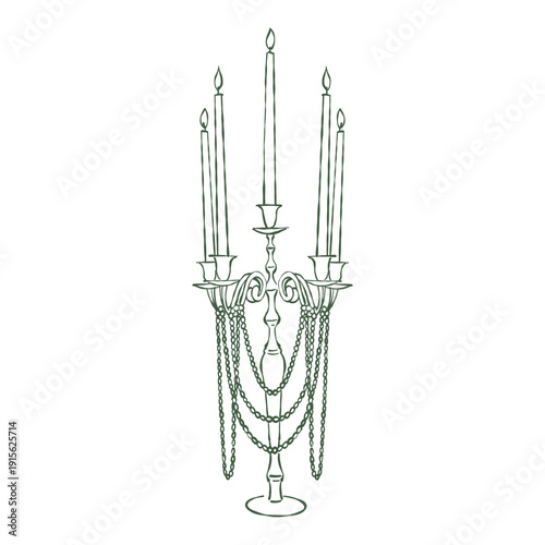 A hand-drawn vintage candelabra with candles and pearl beads in green. Vector outline illustration of a luxurious antique candelabra in a retro sketch style.