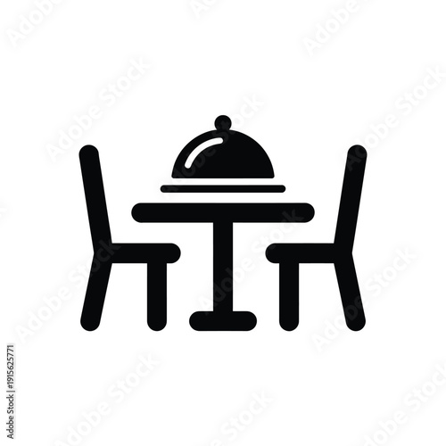 Simple black icon depicting a table set for dining with covered dish