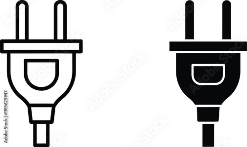 Two European Electrical Plugs Outline Style and Solid Black Design Isolated on White Background