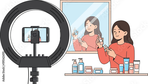 Beauty blogger recording makeup tutorial video using professional ring light and smartphone while showing cosmetic products
