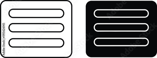 Two Horizontal Menu Icons Outline in White and Solid Black Hamburger Symbol Graphics