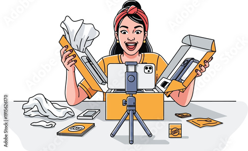 Excited woman unpacking boxes and filming unboxing video for her online channel, internet content creator