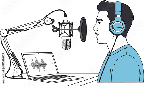 Professional podcast host recording audio content with condenser microphone and laptop in home studio wearing headphones