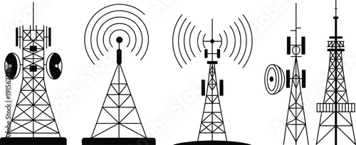 Communication towers, radio signal transmission, wireless antennas, telecom infrastructure, broadcasting antennas, signal waves, cell tower icons, telecommunication network system