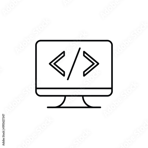 Line art illustration of a computer monitor displaying coding brackets