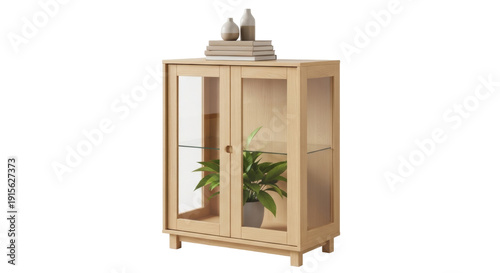 Foto Light wood display cabinet with glass doors isolated PNG, modern furniture for l