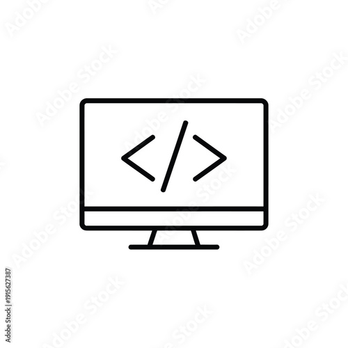 A black and white line drawing of a computer monitor with code brackets