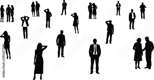 Scattered business people silhouettes isolated on white background showing professional men and women standing, thinking, talking, and waiting, representing corporate life, social interaction, and 