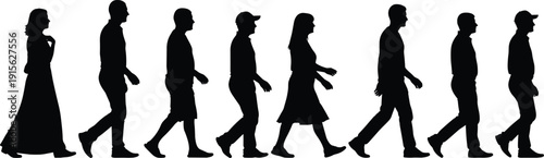 People walking silhouettes in side view isolated on white background showing men and women movement, daily commute, urban lifestyle, social life, and crowd motion concept