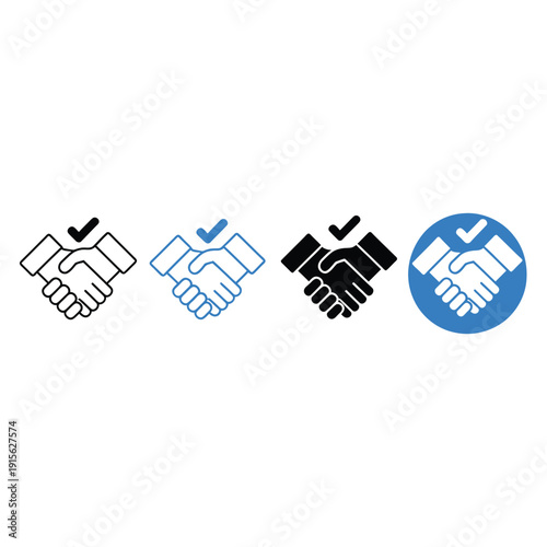 Four variations of a handshake icon in different colors and styles