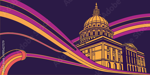 Capitol building with purple yellow and orange abstract ribbons