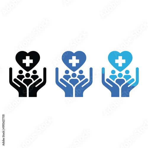 Hands cradling hearts with medical crosses a gradient icon set