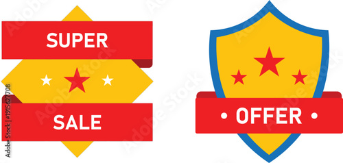 Sale Discount Badge with Ribbon and Star Elements, Promotional Offer Label Flat Vector