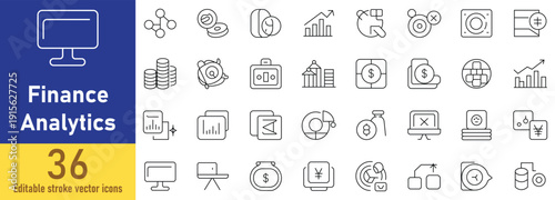 Finance Analytics Line Icons Set, Business Data and Financial Analysis Editable Stroke Vector