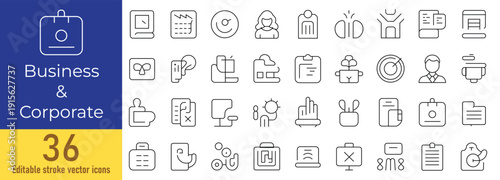 Business and Corporate Line Icons Set, Office Management Editable Stroke Vector Collection