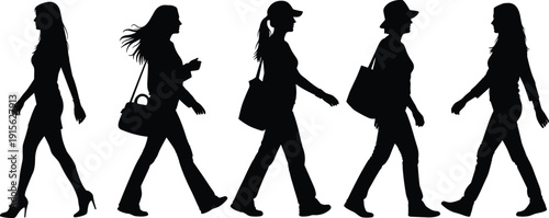 Female walking silhouettes in side view isolated on white background showing modern women movement, fashion lifestyle, urban commuting, shopping, and daily life concept