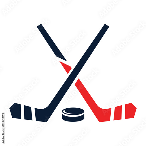 Striking crossed hockey sticks and puck logo symbolizing exciting ice sport competition team spirit athletic skill and