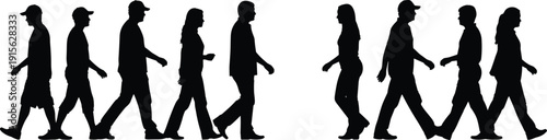 Walking people silhouettes showing men and women moving in opposite directions isolated black vector illustration set representing urban lifestyle crowd movement concept design