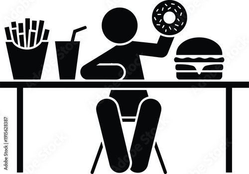 Person eating fast food donut burger fries soda unhealthy diet obesity junk food concept black silhouette vector illustration icon design