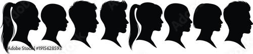 Human head profile silhouettes showing men and women faces in side view aligned in row isolated black vector illustration representing diversity identity and psychology concept